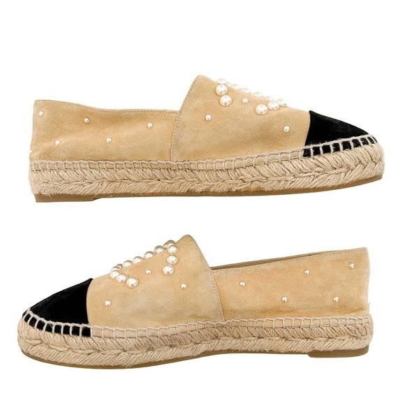 Chanel Beige Pearl Studded CC Logo Two Tone Black Cap Toe Suede Espadrilles 37 - Picture 6 of 11